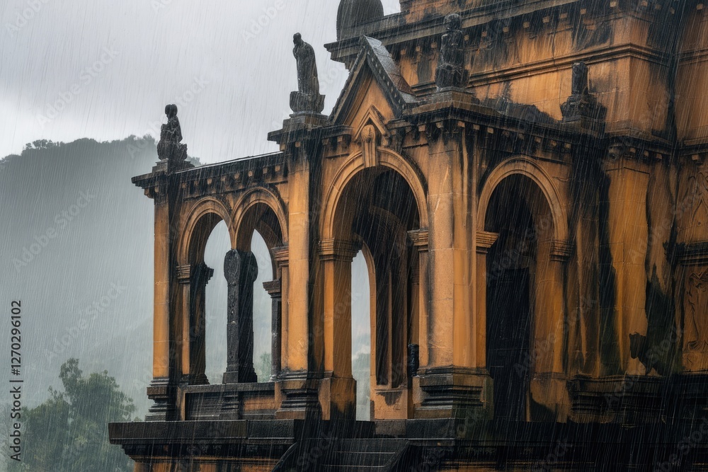 Obraz premium Neo-Gothic architecture detail in heavy rain, featuring sandstone arches, weathered statues, and dramatic mood, in vertical composition