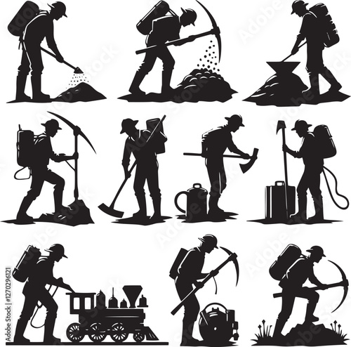 Nine silhouettes of miners working.