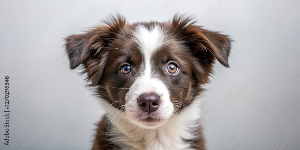Fototapeta premium A playful border collie puppy with a curious gaze, looking at the camera with big brown eyes, showing its friendly and energetic personality , curious puppy, border collie