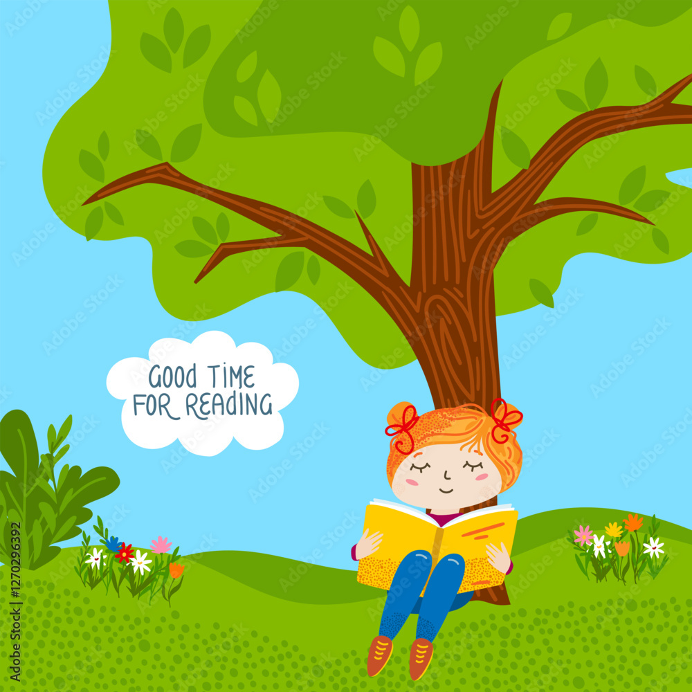 Naklejka premium Happy girl reading a book under a tree