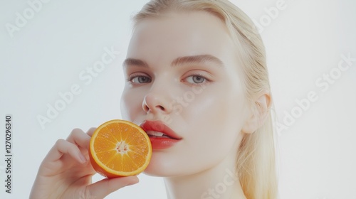 elegant model with glowing complexion holding fresh orange slice for natural skincare concept