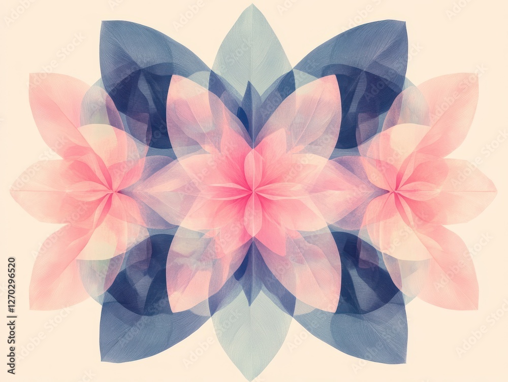 Fototapeta premium A vibrant and intricate floral design featuring overlapping petals in shades of pink and blue, set against a soft beige background, creating a harmonious and calming visual effect