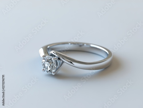 A beautifully crafted engagement ring featuring a prominent diamond set in a sleek, modern band, placed against a minimalist background, ideal for showcasing elegance and romance