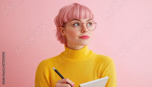 Young woman with pink hair and glasses thinking while holding a notebook