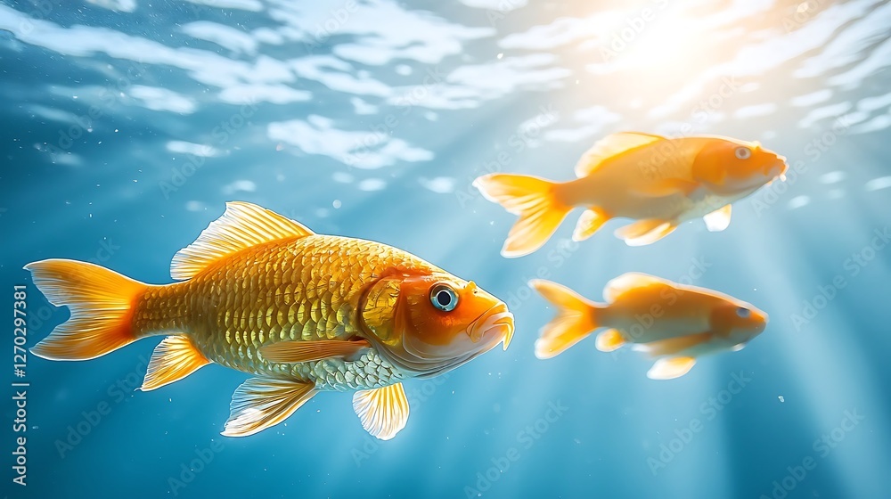 Swimming goldfish in clear water underwater photography aquatic environment bright sunlight serene viewpoint