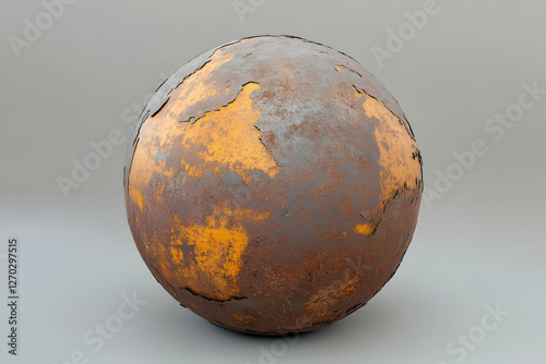 Rusted metal orb with peeling surface on a gray background