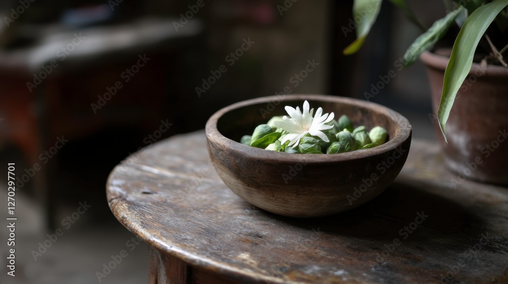 Serene Wooden Bowl with Flower and Green Leaves on Rustic Table Serene Wooden Bowl with Flower and Green Leaves on Rustic Table