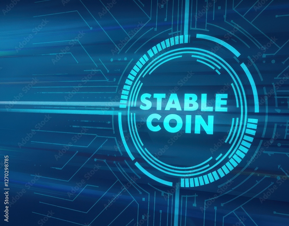 Obraz premium Digital graphic showcasing stable coin technology on a blue background