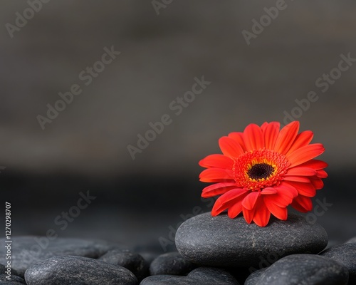 Minimal Spa Moment: A lone red gerbera daisy resting on a bed of black rocks, framed by the calming, blurred ambiance of a luxury spa with soft neutral tones. 