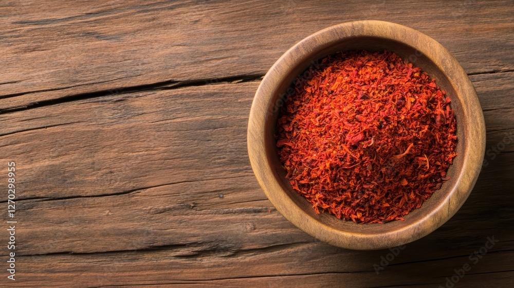 Rustic Charm: The bowl of saffron powder is placed on a worn, weathered wooden table, with deep red hues from the spice blending beautifully with the rich brown tones of the wood. Rustic Charm: The bowl of saffron powder is placed on a worn, weathered wooden table, with deep red hues from the spice blending beautifully with the rich brown tones of the wood.