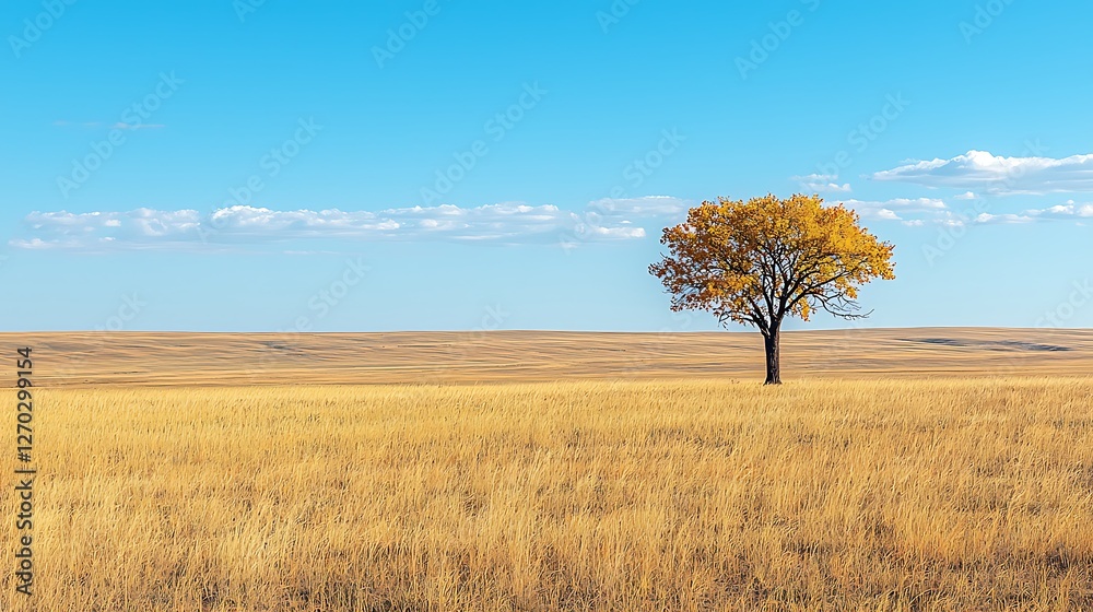 Solitary tree standing tall in golden grasslands under clear blue sky - nature photography landscape tranquility Solitary tree standing tall in golden grasslands under clear blue sky - nature photography landscape tranquility