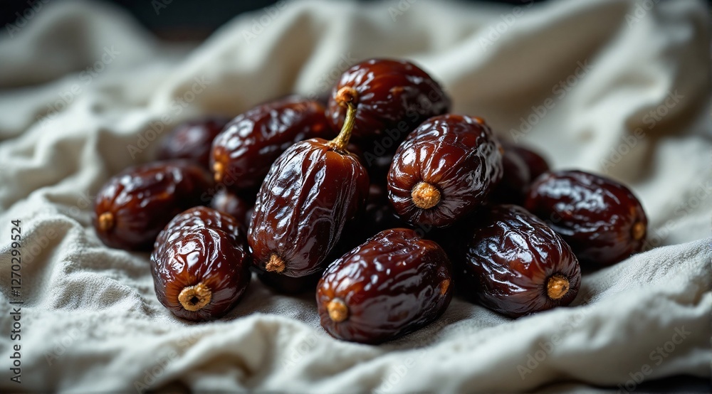 Obraz premium A close-up of dark brown dates on folded white linen, with dramatic lighting highlighting their shine and texture.