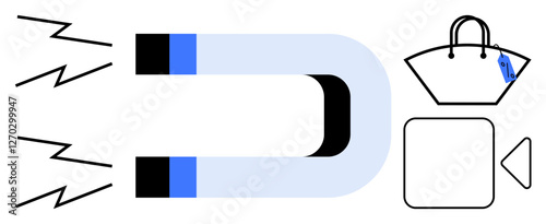 Horseshoe magnet attracting icons of consumer goods thumbs up a handbag and other objects. Ideal for marketing, consumer behavior, attracting customers, magnetic influence, promotional strategies