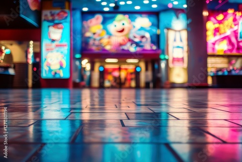 Vibrant Arcade Entrance with Colorful Lights and Cheerful Artwork Displaying Popular Characters Games and Fun Activities in a Busy Entertainment Center