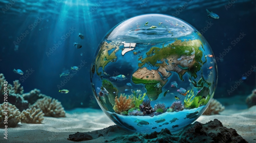 Naklejka premium A Glass Globe with a dynamic underwater scene displays a variety of marine biota, with a message about the importance of clean water for the ecosystem on a screen behind the water. world water day con