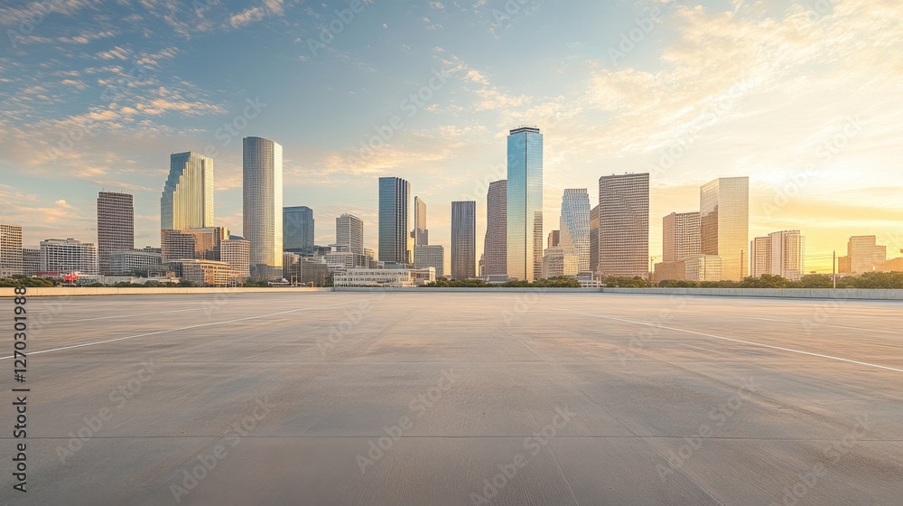 A spacious car plaza with a city skyline at sunrise. Featuring serenity and elegance A spacious car plaza with a city skyline at sunrise. Featuring serenity and elegance