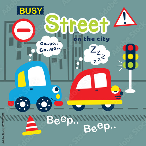 Playful cartoon cars in a busy city street with traffic lights, road signs, and urban buildings. Children's transportation concept
