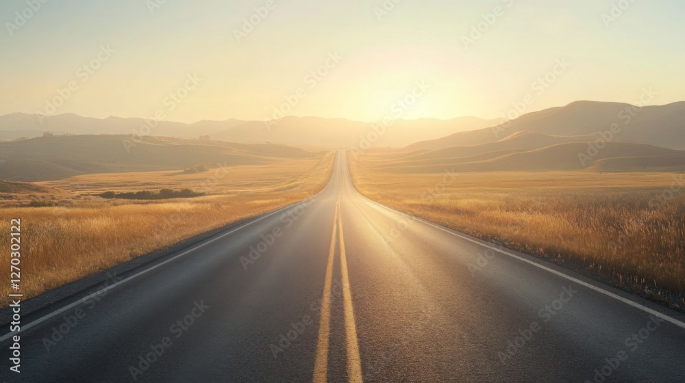 Highway journey beneath the amber sky with rolling hills and golden grassland scenery Highway journey beneath the amber sky with rolling hills and golden grassland scenery