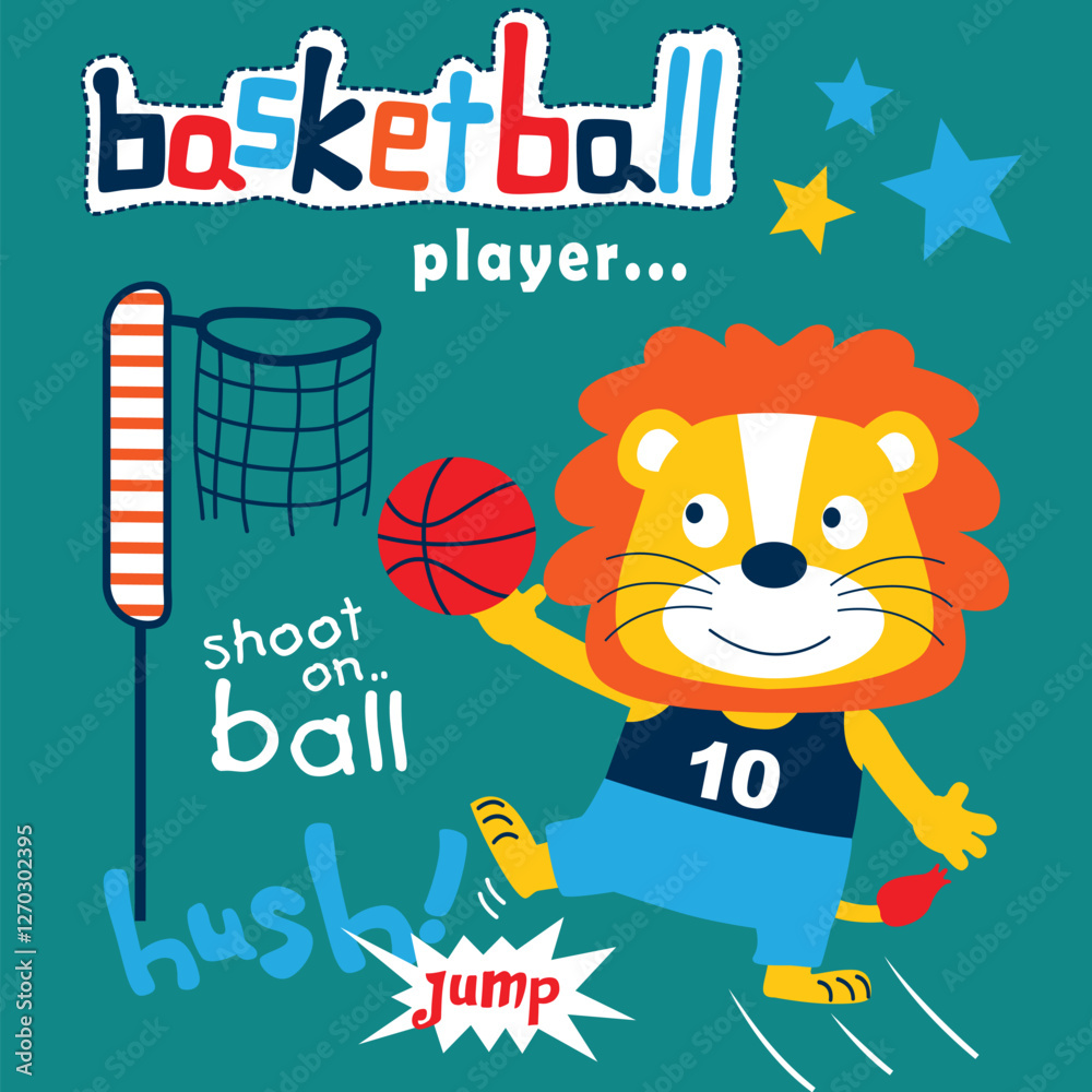 Obraz premium Playful cartoon lion playing basketball and jumping to shoot the ball into the hoop. Children's sports concept