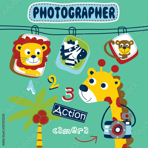 Playful cartoon giraffe photographer capturing pictures of jungle animals with an action camera. Children's photography concept
