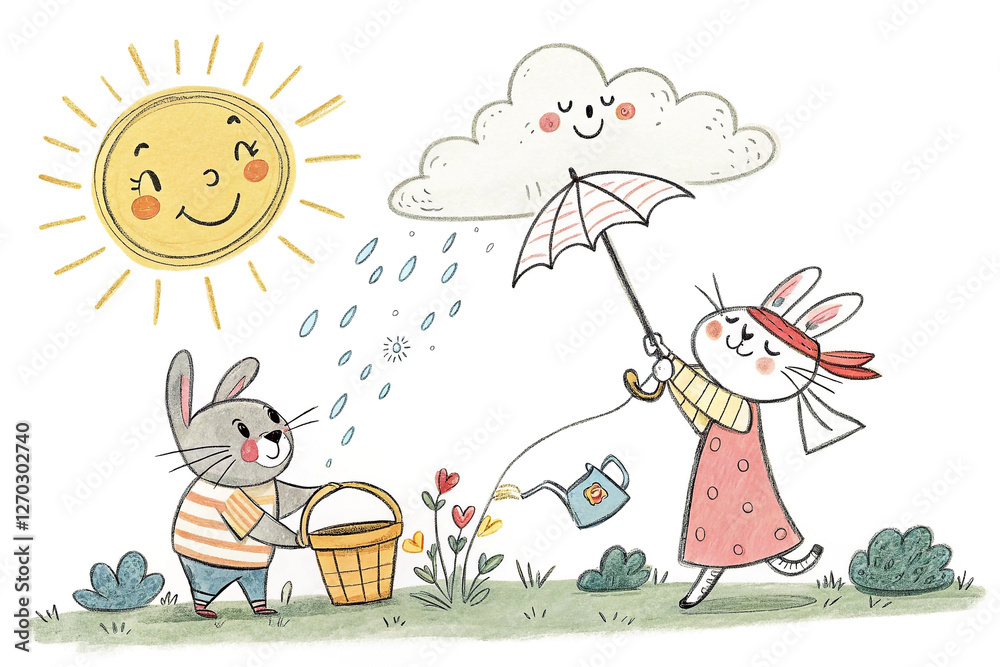 Cute bunnies planting flowers, sunny day, rain cloud. Kids' book illustration Cute bunnies planting flowers, sunny day, rain cloud. Kids' book illustration