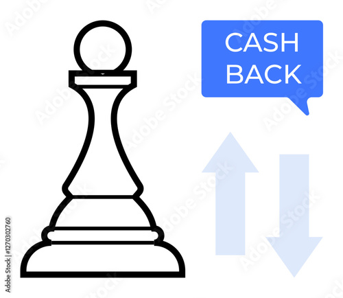 Chess pawn combined with speech bubble reads Cash Back, blue upward and downward arrows signify financial growth and savings. Ideal for finance, strategy, business, investment, savings, customer