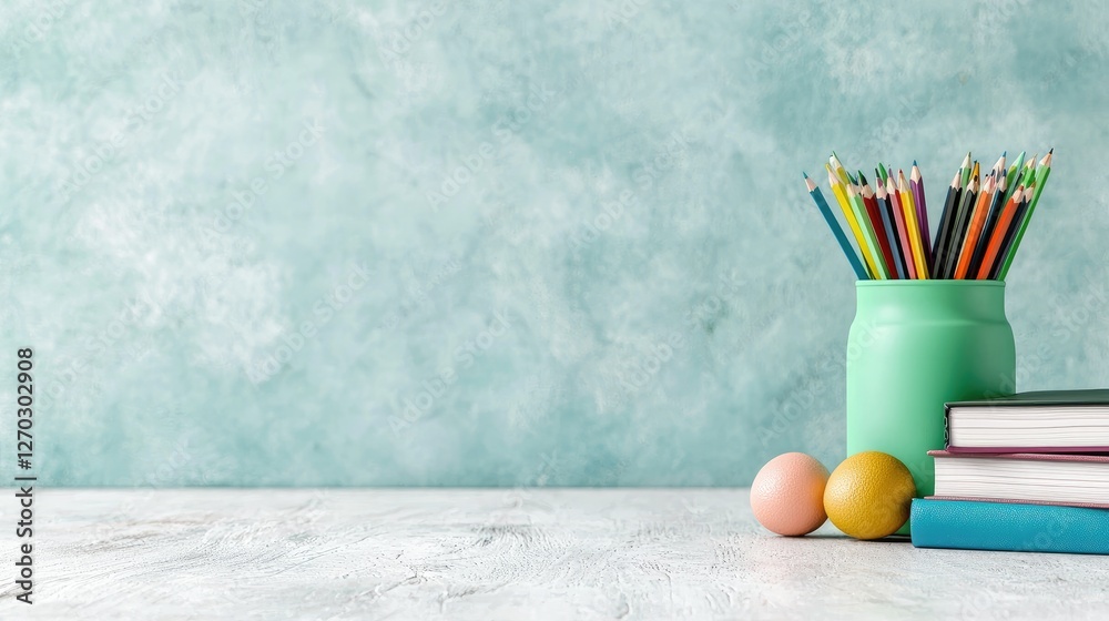 Obraz premium Colorful pencils, books, and eggs on desk, teal background; education concept