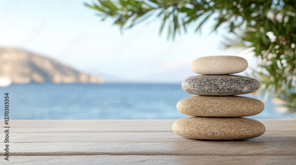 Serene spa scene with stacked stones by ocean, promoting relaxation Serene spa scene with stacked stones by ocean, promoting relaxation