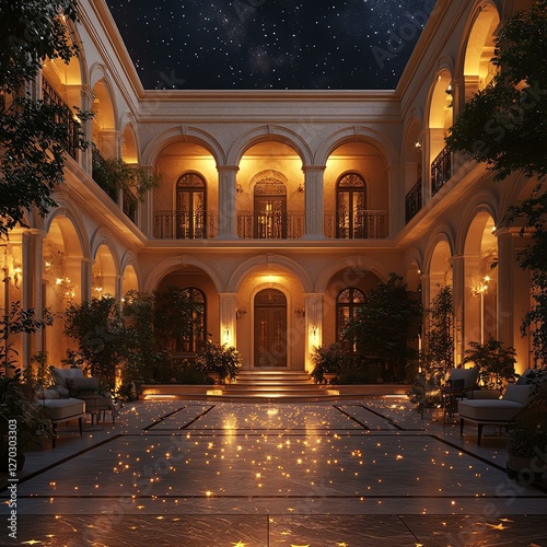 A beautifully illuminated courtyard at night, featuring elegant architecture, cozy seating areas, and lush greenery. A serene and inviting atmosphere under a starlit sky. photo