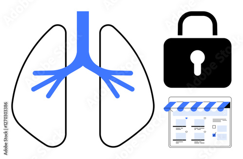 Lungs symbolizing health, padlock representing security, and a web page shopfront as an online platform. Ideal for themes of Internet safety, healthcare cybersecurity, online privacy, medical data