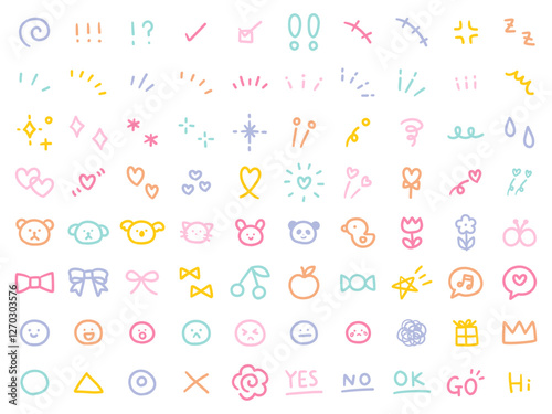  手書きの飾りイラストのベクターイラストセット。手描き、集中線、注目、ハート、リボン