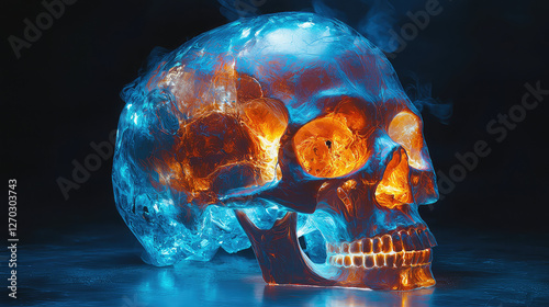 A fiery and icy skull engulfed in blue and orange flames and smoke, on a dark reflective surface.