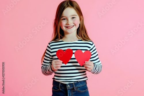 Cheerful young girl holding bright red paper hearts, smiling against a vibrant pink background, expressing love and joy in a playful setting