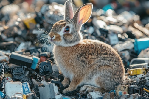 Rabbit sitting on pile of electronic devices and discarded batteries in indoor setting photo