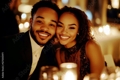 Happy couple enjoying romantic dinner in elegant setting with warm candlelight and soft focus, capturing love and joy during intimate moment together