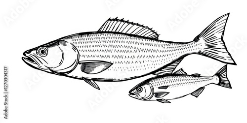 Hand drawn sketch of various fish including herring, trout, flounder, carp, tuna, and sprat in vector illustration, hand drawn, herring, flounder