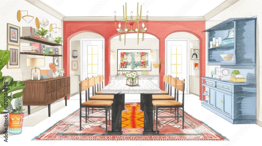Modern Dining Room with Vibrant Accents and Bohemian Decor