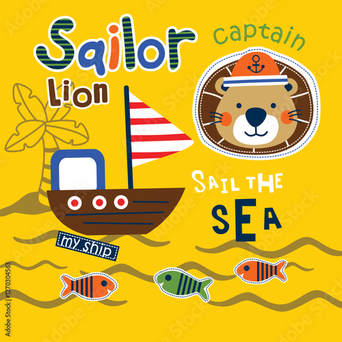 Playful cartoon lion as a sailor captain sailing a boat on the sea with colorful fish. Children's nautical adventure concept
