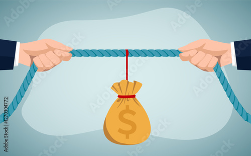 Concept of business competition. Businessmen pull the rope as a symbol of rivalry, competition, conflict. Fight for money and profit. Tug of war. 