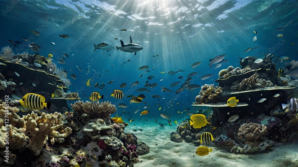 Fototapeta premium The dynamic underwater scene displays a variety of marine life, with a message about the importance of clean water for the ecosystem