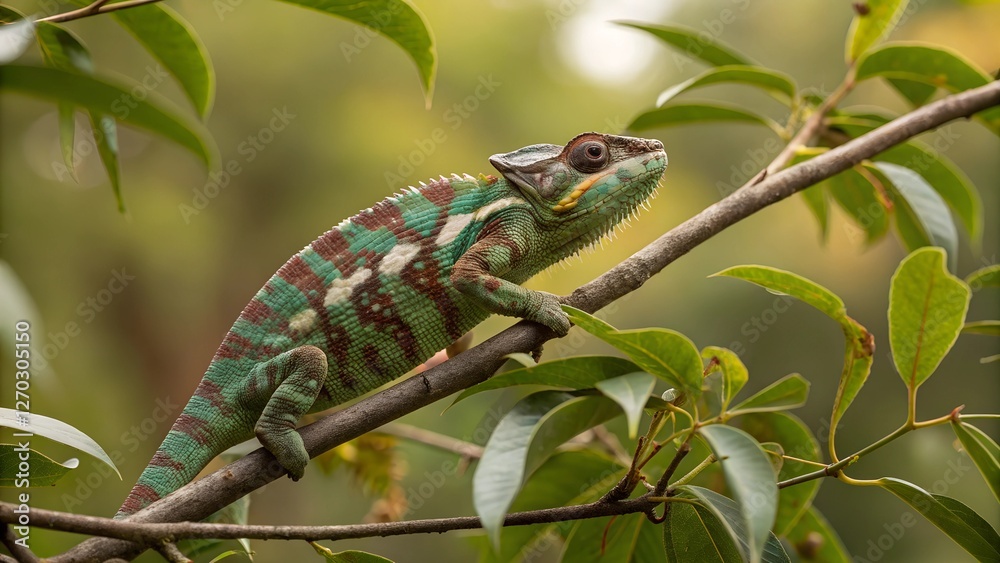 Obraz premium Veiled Chameleon on Branch: A vibrant veiled chameleon with striking green, blue and brown markings camouflages itself seamlessly against a branch and leaves.