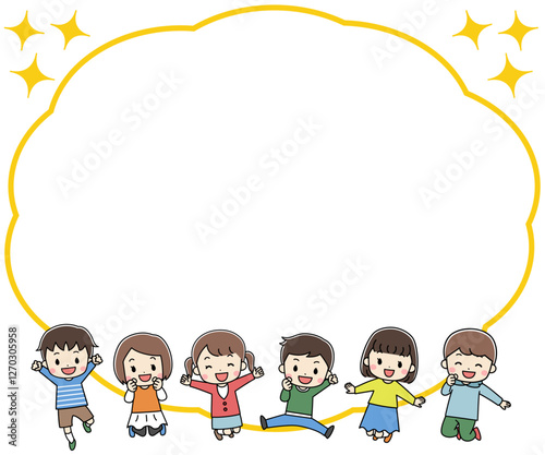 笑顔でジャンプるする子供たちとふきだしのフレームイラスト
