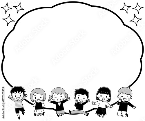 笑顔でジャンプるする子供たちとふきだしのフレームイラスト