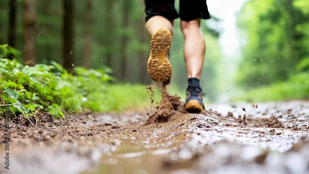 A man running into the woods with splashing mud, focus at leg.