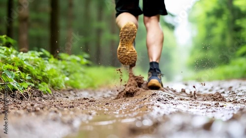 A man running into the woods with splashing mud, focus at leg.