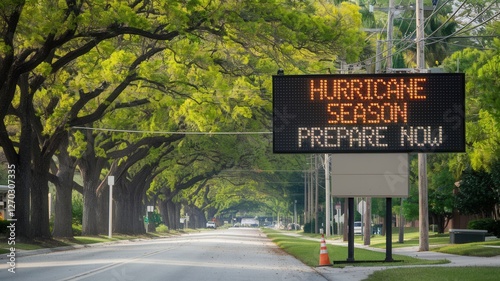 Hurricane season warning displayed on electronic sign on roadside