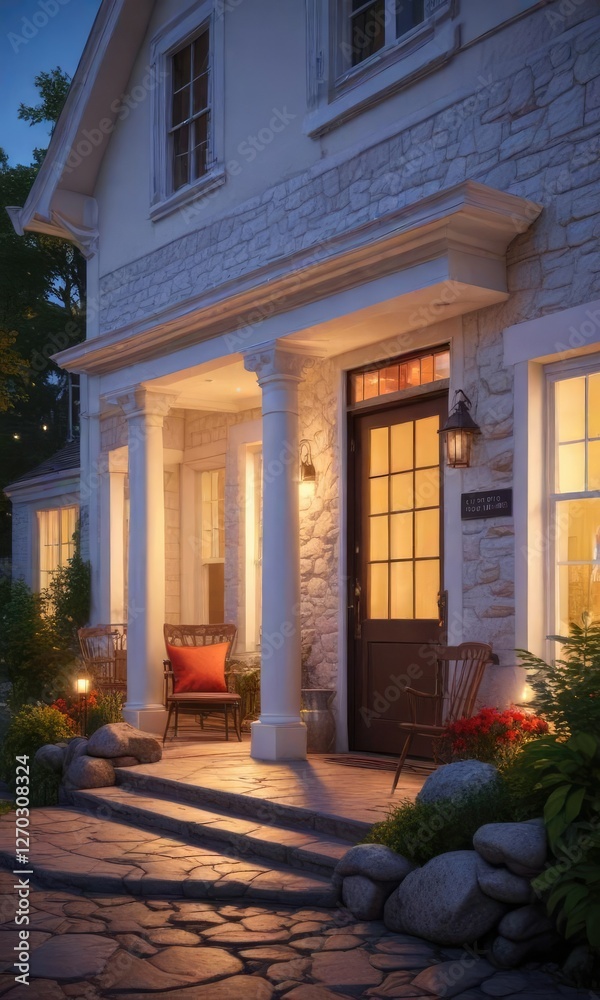 Obraz premium A beautifully lit porch surrounds a white house with a large stone fireplace and a cozy reading nook, warm ambiance, brightly decorated porch