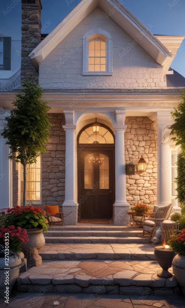 A beautifully lit porch surrounds a white house with a large stone fireplace and a cozy reading nook, outdoor living space, cozy reading nook A beautifully lit porch surrounds a white house with a large stone fireplace and a cozy reading nook, outdoor living space, cozy reading nook