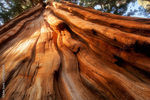 Giant Redwood Majesty: An awe-inspiring upward perspective of a towering giant redwood tree, showcasing the textured bark and reaching towards the sky.