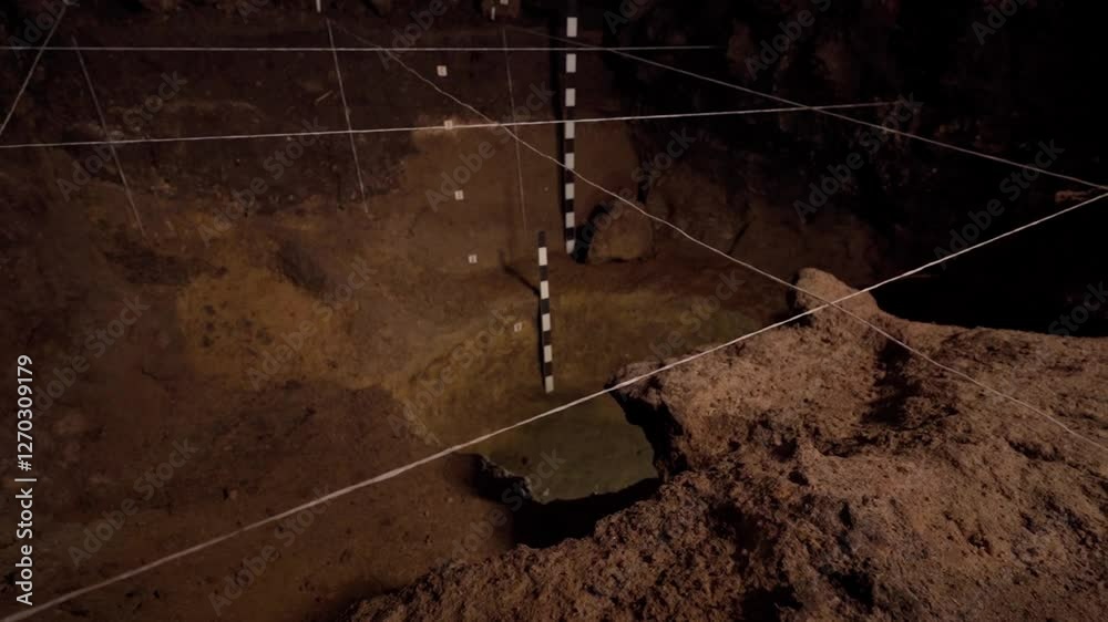 Archaeological excavation with organized measuring grid for analysis